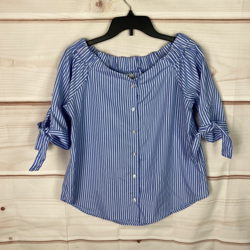 Haute Project Top Womens M Blue‎ White Stripe Blouse Button Up Tie Sleeve Woven